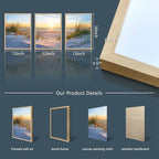 Natural Wood Framed Wall Art - Set Of 3 Piece Framed Art Prints For Living Room, Bedroom, Office Wall Decor - Blue Beach Seascape Paintings Home Decor