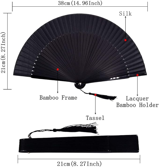Amajiji 8.27"(21cm) Hand Held Bamboo Silk Folding Fan Hand Fan,Chinese/Japanese Charming Elegant Vintage Retro Style,Women Ladys Girls Best Gifts (Black)