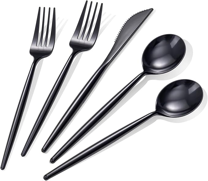 Rubtlamp 90Pcs Plastic Black Silverware, Black Disposable Cutlery, Plastic Utensils Heay Duty include 30 Plastic Knives 60 Plastic Black Forks and Spoons, Black Cutlery For Halloween Decorations