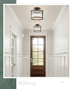 Black Flush Mount Ceiling Light, 2- Light Caged Crystal Chandelier, Small Drum Hallway Light fixtures Ceiling Mount (8.6 INCH Black)