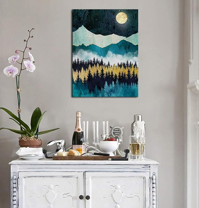 Mountain Forest Wall Art Moon Night Nature Canvas Artwork Modern Nordic Landscape Canvas Pictures for Bathroom Bedroom Living Room Kitchen Office Home Decoration Framed Ready to Hang 12" x 16"