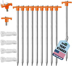 Eurmax USA Galvanized Non-Rust Camping Family Tent Pop Up Tent Stakes Canopy Anchors Heavy Duty 10pc-Pack, with 4x10ft Ropes & 1 Orange Stopper