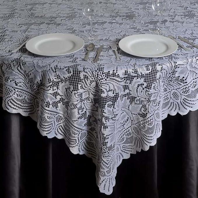 Efavormart 90" x 90" White Square Lace Table Overlay for Wedding Catering Party Table Decorations