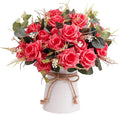 LESING Artificial Rose with Vase,Fake Silk Flowers Bouquets in Vase Table Centerpiece Arrangement for Kitchen Living Room(Red-1)