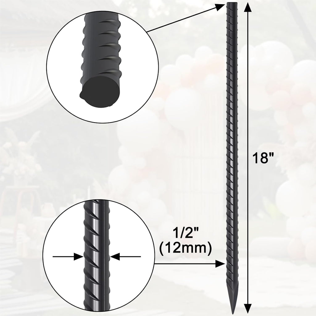 Straight Rebar Stakes 18 Inch 16 Pack Heavy Duty Steel Ground Stakes 1/2 Inch Diameter Landscape Timber Spikes with Chisel Point End for Plant Support, Concrete Form and Fence, Black