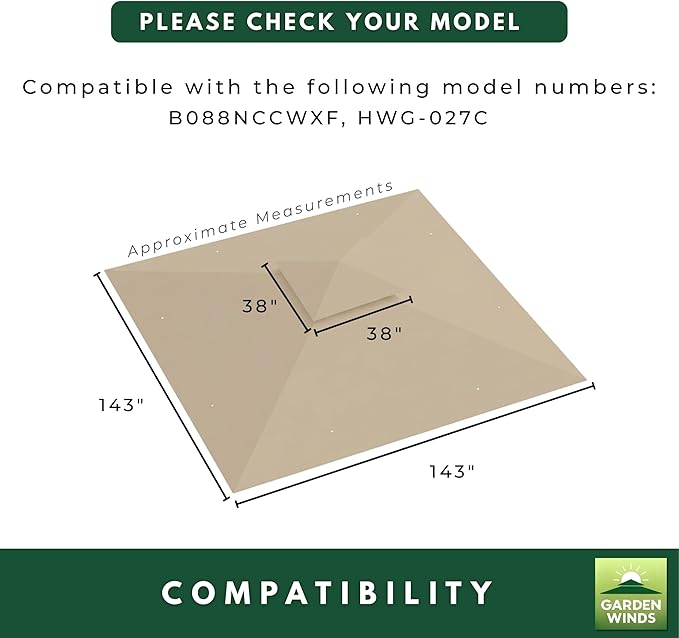 Garden Winds Reinforced RipLock 350 Replacement Canopy Top Cover Compatible with Erommy 12' x 12' Square Gazebo Models B088NCCWXF, HWG-027C - Beige