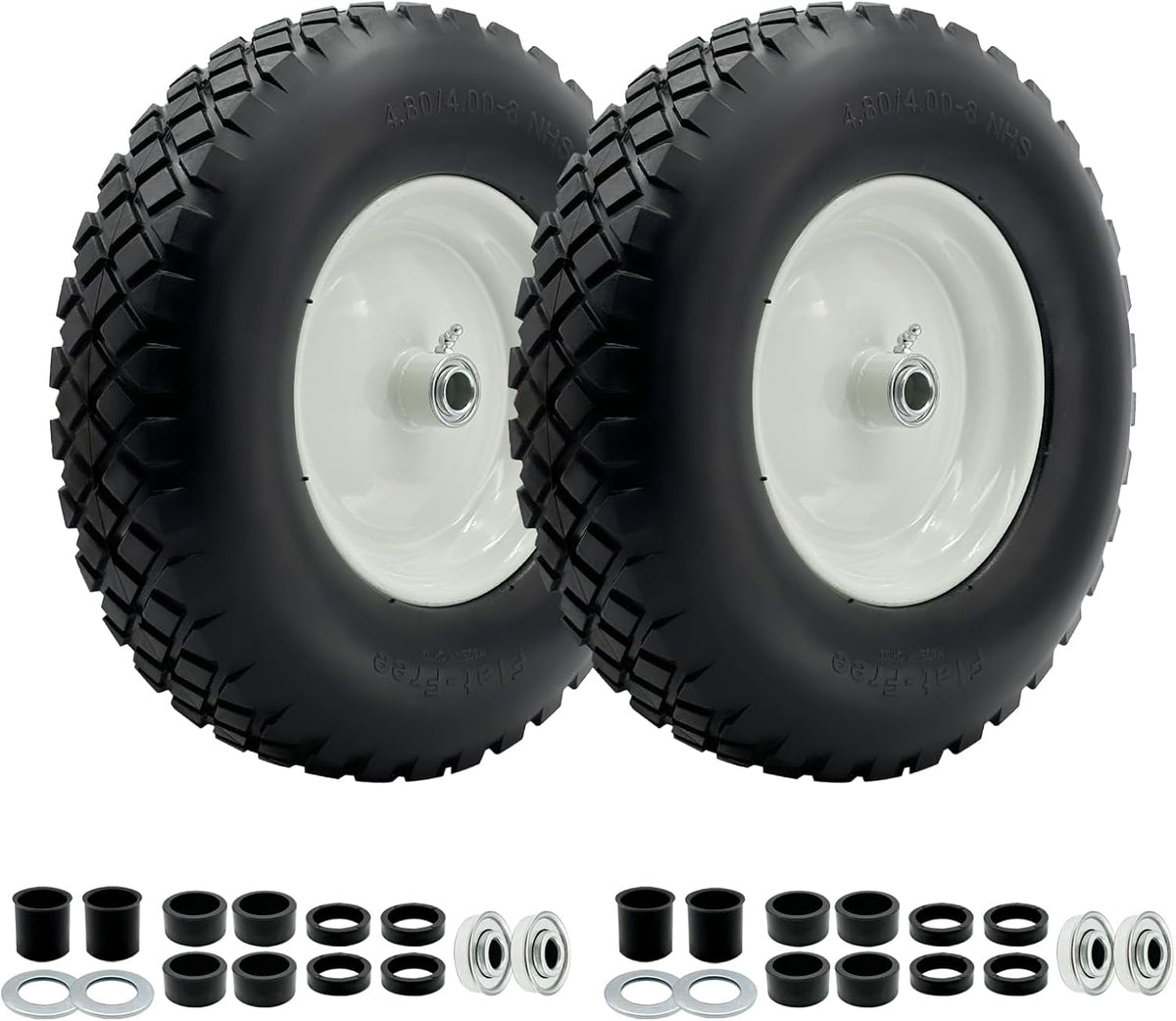 2-Pack 4.80-8 Wheelbarrow Tire and wheel with 3"-6''Centered Hub, 3/4" or 5/8''or 1/2'' Bearings, 16‘’ Tire Assembly for Hand Truck,Garden Cart (4.80/4.00-8 Flat Free,3"Center Hub,Knobby Tread)