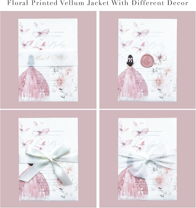 PONATIA 50 PCS Vellum Jackets for 5x7 Invitations - 135GSM Pink Girl Vellum Jacket Sleeves - Butterfly Quinceanera Invitations Wraps for XV Anos