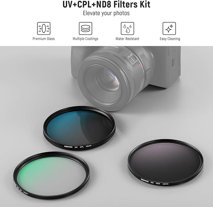 NEEWER 49mm UV CPL ND Lens Filter Kit, UV Protection + Circular Polarizing + Neutral Density (ND8) Camera Lens Filter Set with Multicoated Optical Glass, Slim Frame & Upgraded Foldable Storage Case