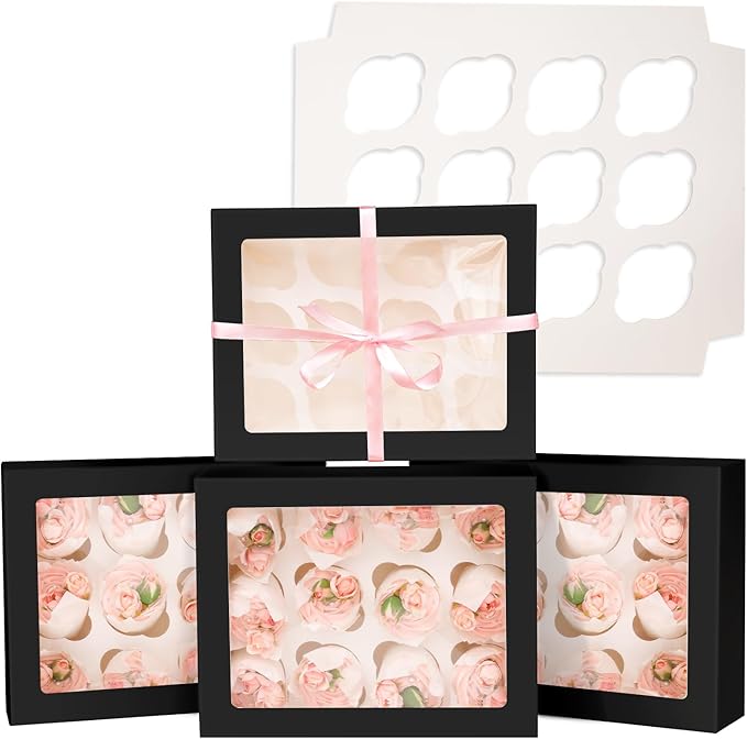 Bakepacker Auto-pop up 12 Cupcake Containers 6-Packs Black Cupcakes Carrier, 12 Cupcake Boxes with Window 13"x10"x3.5"