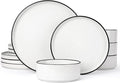 Famiware Nebula Plates and Bowls Sets for 4, 12 Pieces Stoneware Dinnerware Set, Microwave and Dishwasher Safe Dishes Set, White with Black Rim