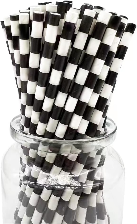 Biodegradable Black White Checkered Straws, 100 PCS Racing Car Straws Disposable Black Striped Paper Drinking Straw for Checkered Party Supplies, Treat Stick and Cake Pop Sticks