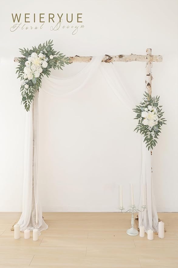 Artificial Wedding Arch Flowers Kit(Pack of 3),2Pcs Artificial Flower Arch Decor,1Pcs Sheer Drape for Wedding Ceremony Arbor for WeddingCeremony (White Rose Wedding)