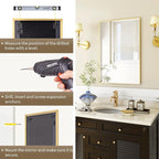 BEAUTYPEAK Gold Bathroom Wall Mirror - 24" x 36" Rectangular Mirror with Metal Frame, Hangs Horizontal or Vertical for Living Room Bedroom Bathroom Entryway
