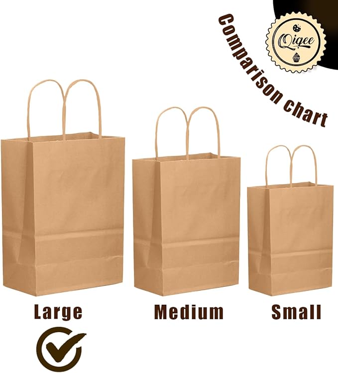 qiqee 50-Packs Brown Paper Gift Bags with Handles Bulk 13"x10.3"x4.6" Large Size Party Favor Bags Multiple Uses