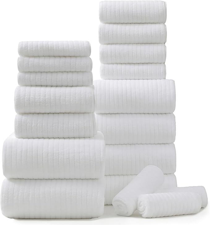 18 Piece Bath Towels Set,Ultra Soft Family Bathroom Towel Set with Hanging Loops-6 Bath Towels,6 Hand Towels,6 Washcloths,Highly Absorbent Quick Dry Shower Towel for Bathroom,Hotel,Spa-White Towel Set