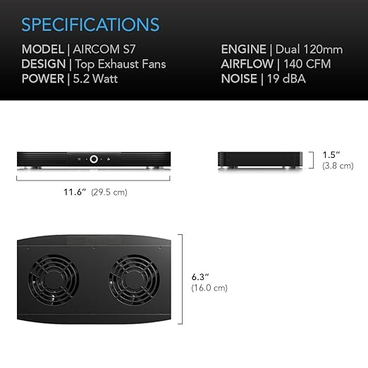AC Infinity AIRCOM S7, Quiet Cooling Fan System 12" Top-Exhaust for Receivers, Amps, DVR, AV Cabinet Components