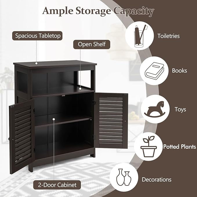 COSTWAY Bathroom Storage Cabinet, Wooden Side Storage Organizer with Louver Doors & Removable Shelf, Freestanding Floor Cabinet for Living Room, Kitchen, Entryway (Brown)