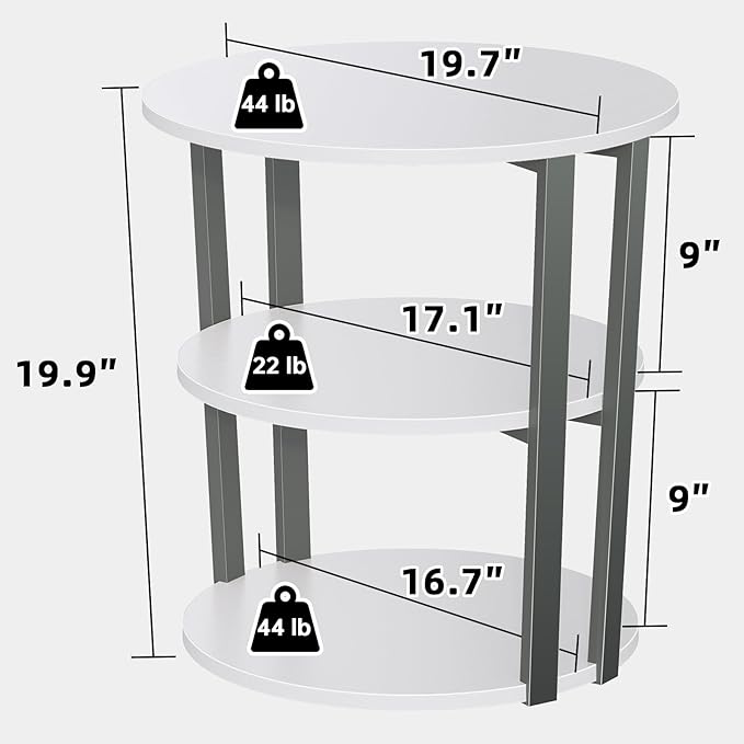 Rotating Round Side Table, 3-Tier End Table with Metal Frame, Nightstand for Small Spaces, Side Table Living Room Bedroom Sofa Bathroom, Gray-White