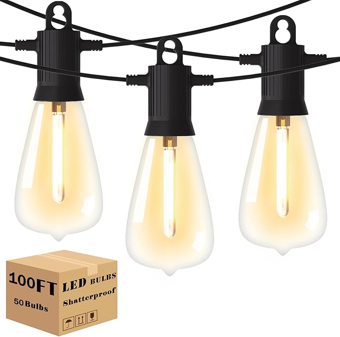Outdoor String Lights 100 ft, LED Patio Lights with 52（50+2 Spare ST38 Shatterproof Bulbs, IP 65 Waterproof, Outside Hanging Light for Cafe Bistro Backyard