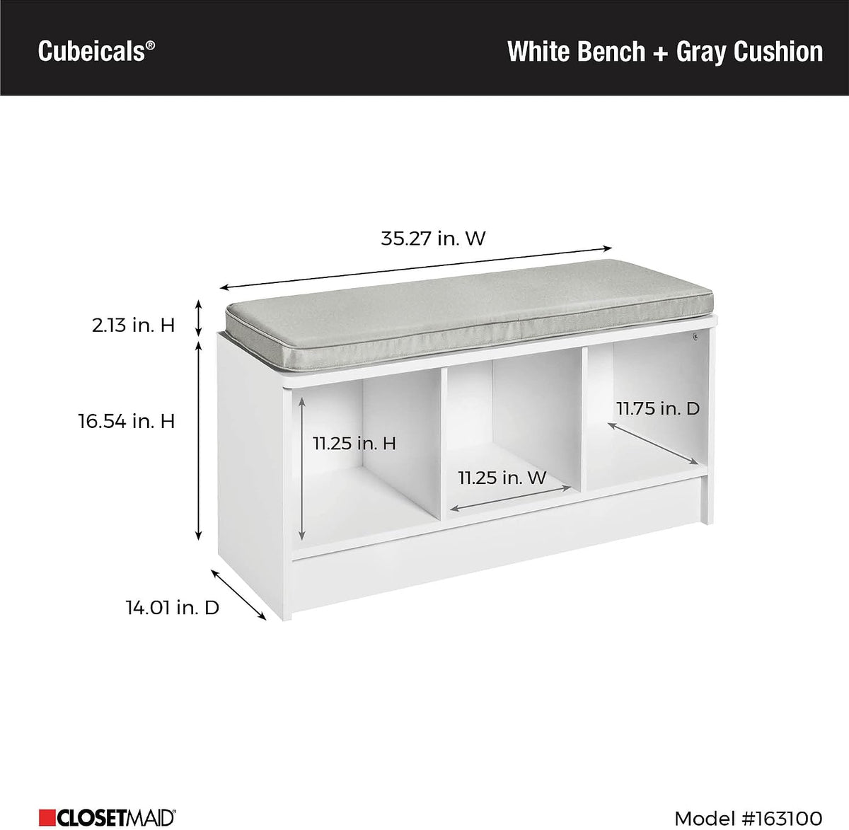 ClosetMaid 1631 Cubeicals 3-Cube Storage Bench, White with Gray Cushion