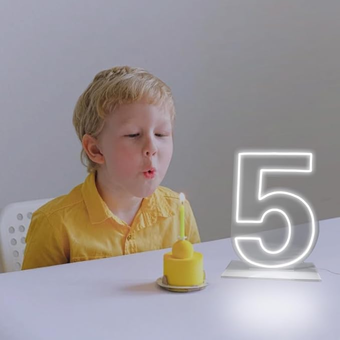 Number 5 Neon Sign for Birthday, 16.54" Cool White USB Battery Powered Led Neon Sign for Party Wedding Anniversary Decor Light Sign (Number 5)