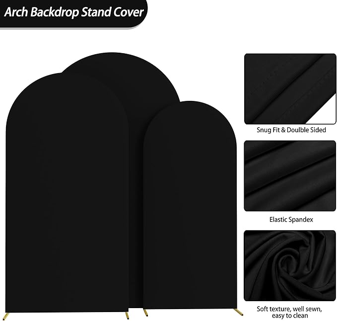 Fomcet Set of 3 Wedding Arch Cover 6FT, 6.6FT, 7.2FT Black 2-Sided Round Top Spandex Arch Backdrop Cover Fitted Fabric for Birthday Party Baby Shower Wedding Arch Stand Decoration