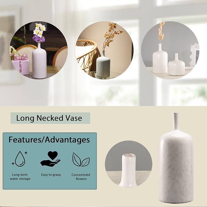 White Ceramic Vase Set - Set of 2 Table Vase, Ceramic Flower Vases for Centerpieces, White Reactive Long Neck Vases, Large Tabletop Living Room Decor 9.5 Inch Cynkeyee