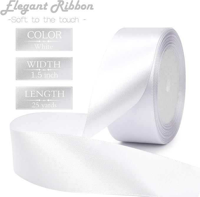 White Solid Satin Ribbon 1-1/2 Inch 25 Yards Solid Polyester Fabric Ribbon for Gift Wrapping Wedding Christmas Baby Shower Birthday Party Decoration Handmade Immortal Flower Craft