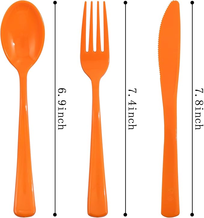 NOCCUR 180PCS Thanksgiving Plastic Silverware Disposable - Orange Plastic Cutlery Include 60 Forks, 60 Spoons, 60 Knives Ideal for Fall Party&Thanksgiving