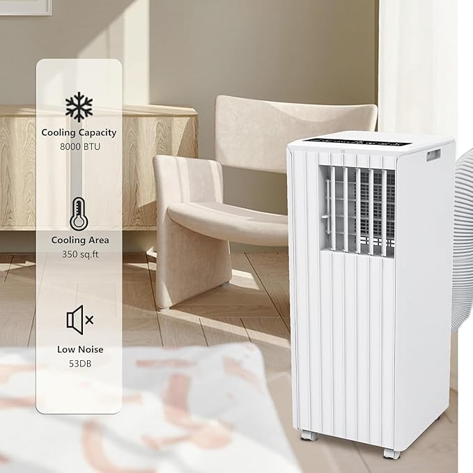 8000 BTU Portable Air Conditioner, Portable AC Unit with Fan & Dehumidifier, Air Conditioner Portable for Rooms Up to 350 Sq Ft, Remote Control, 24H Timer for Bedroom, Office, Apartment, White