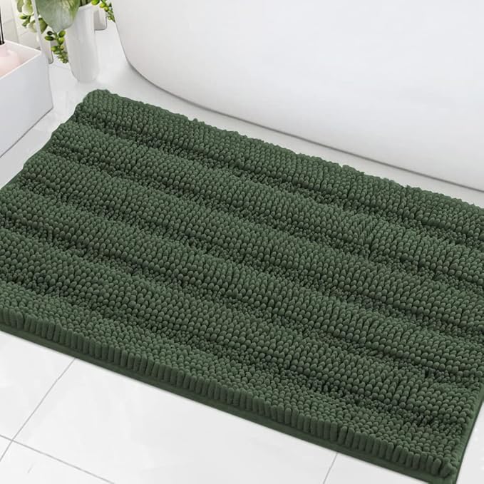 H.VERSAILTEX Bath Mats for Bathroom Non Slip Extra Thick Chenille Striped Bath Rug 24" x 36" Absorbent Non Skid Fluffy Soft Shaggy Rugs Washable Plush Mats for Indoor, Bath Room, Tub - Bronze Green