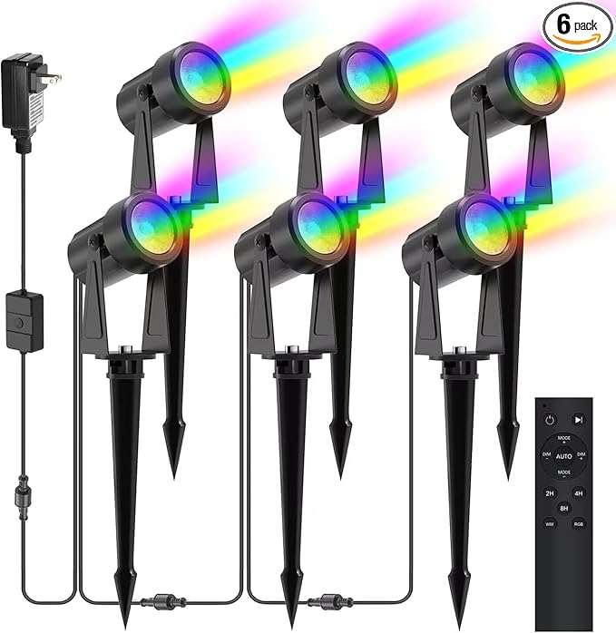 SUNTHIN Outdoor Landscape Lighting with Remote, RGBW Color Changing Spot Uplights, 6 Pack