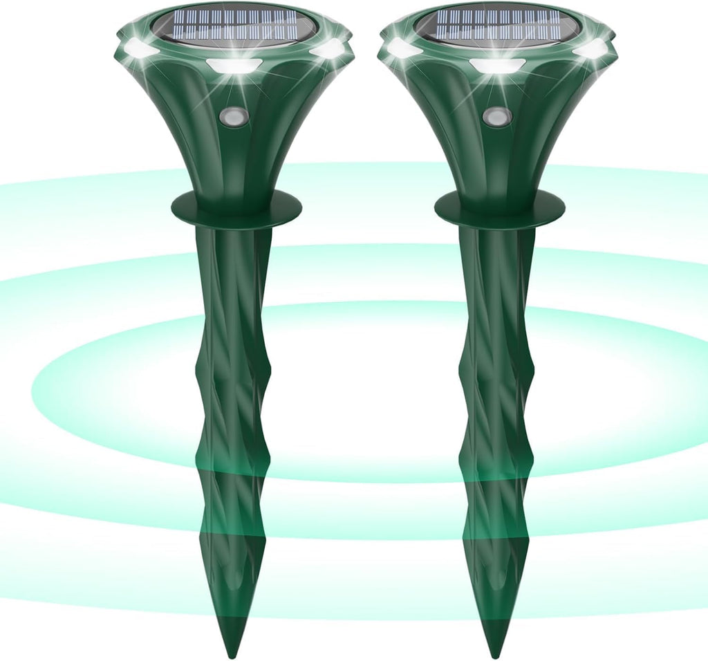 Mole Repellent Solar Powered, 2 Pack Snake Repellent for Yard Waterproof Motion Detection LED Flash Light, Ultrasonic Skunk Repellent Get Rid of Mole, Vole, Rabbit, Gopher, Raccoon, Deer