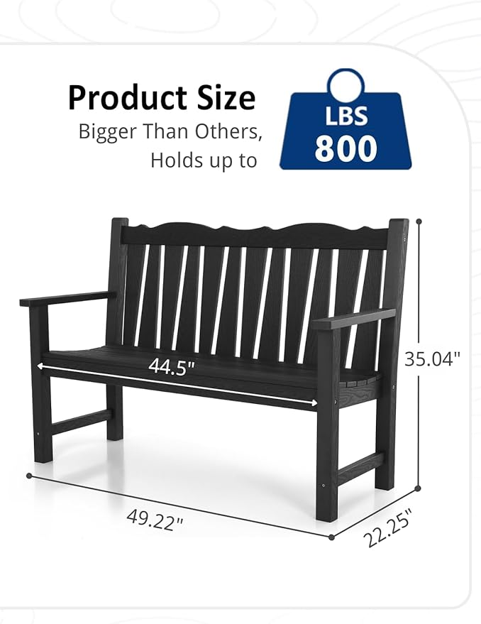 Outdoor Bench Weatherproof, 2-Person Garden Benches for Outdoors, All Weather HIPS Patio Bench Holds up to 800lbs, Never Rot or Fade, Comfort Bench for Porch, Garden, Patio, Backyard and Park, Black
