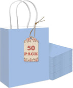 qiqee 50-Packs Gift Bag with Handles Bulk Light Blue Paper Bags Multiple Uses (8.3"x3"x6" Small Size)