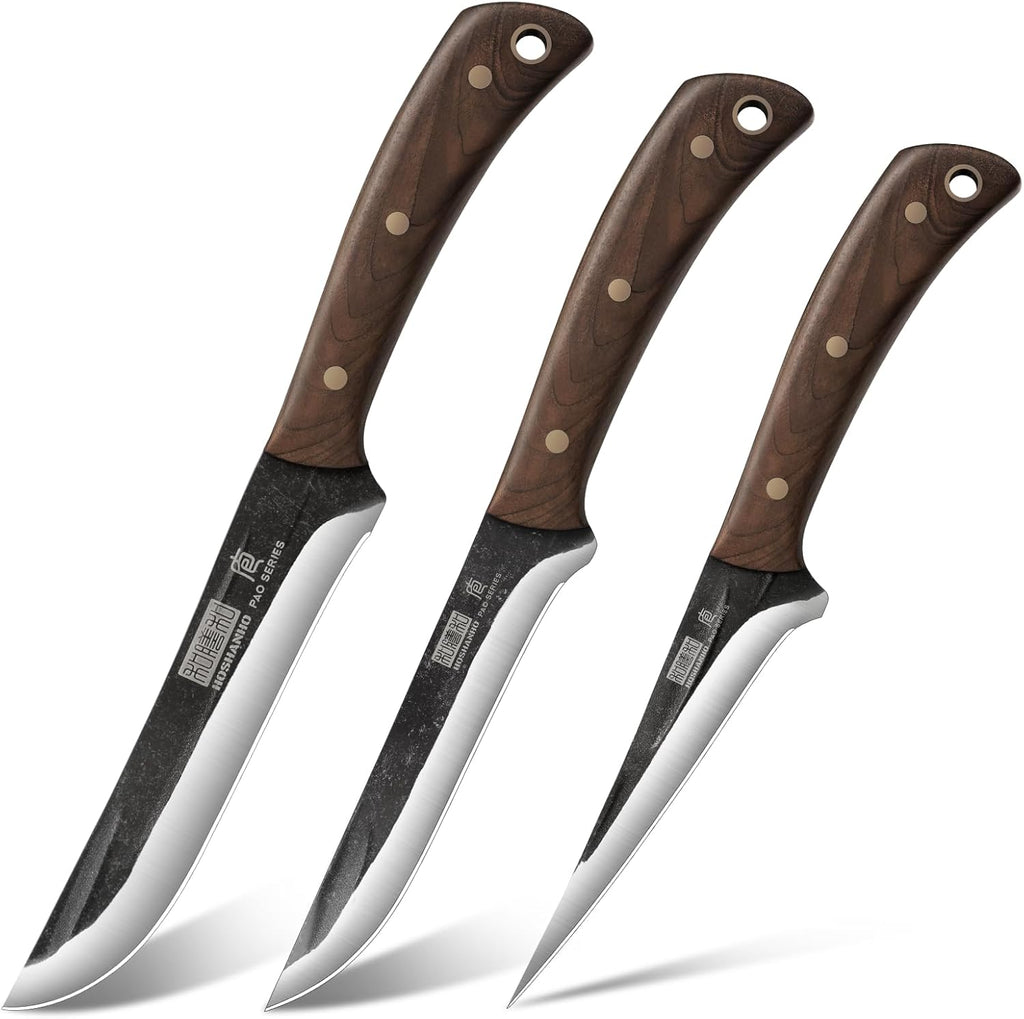 HOSHANHO Butcher Knife Set 3-Piece, Super Sharp Hand Forged Fillet Knife & Dividing Knives & Paring Knives Set, Upgraded High Carbon Stainless Steel Meat Cutting for Home, Outdoor