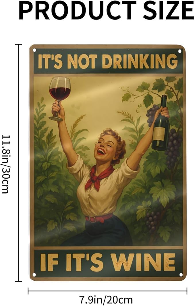 Funny Wine Aluminum Sign - "It's Not Drinking If It's Wine" - Vintage Metal Wall Decor for Bar, Kitchen, or Home - 8"x12"