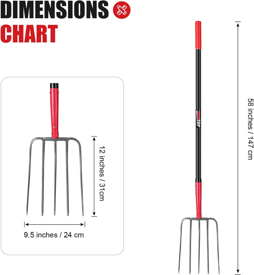 5-Tine Pitch Fork Garden Forks Heavy Duty Manure Fork Pitchfork with Long Fiberglass Handle for Garden Farm Yardwork,58 inches