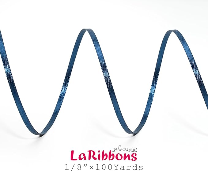 LaRibbons Navy Satin Ribbon 1/8 Inch 100 Yards Thin Luxury Double Faced Blue Silk Ribbon for Flower Bouquet Crafts Gift Wrapping Wedding Bow Decoration