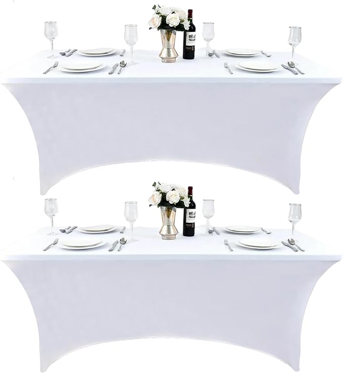 2-Pack 6ft White Spandex Table Covers for Rectangle Standard Folding Tables - Wrinkle Resistant Stretch Tablecloths - Ultimate Fitted Table Protector for Parties, Trade Shows, Banquet