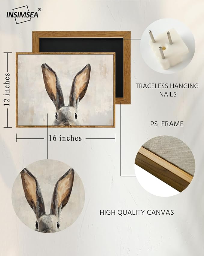 InSimSea Framed Canvas Wall Art Funny Bunny Prints Wall Decor Cute Rabbit Ears Pictures Aesthetic Room Décor Animals Artwork for Kids Room, Living Room, Bedroom or Festive Spaces 12x16In