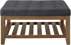24KF Large Square Upholstered Tufted Linen Ottoman Coffee Table, Large Footrest Ottoman with Solid Wood Shelf- Charcoal