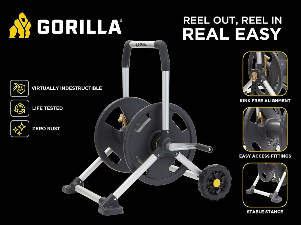Gorilla GRS-200H Aluminum Garden Hose Reel, 200 Ft, No-Leak Brass Fittings