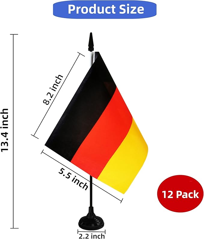 Germany Desk Flag, 12 Pack Germanic Table Office Flag with Black Solid Pole and Stand Base, International Country Flag, Festival Celebration, Classroom Meeting Desktop Decor (Germany)