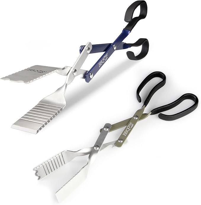 BBQ Croc 3-in-1 Barbecue Tool 18-inch + 15-inch 2-Pack - Extra Light and Long Tongs, Spatula and Grill Scraper (Blue) (18 inch + 15 inch)