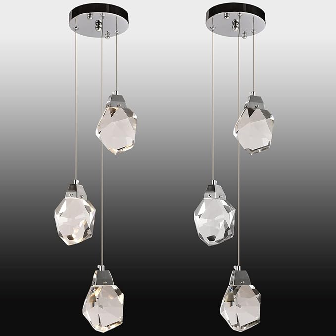 Modern Crystal Chandeliers, Round Raindrop Dimmable Pendant Lights Kitchen Island, Luxury Chrome Ceiling Hanging Lamp for Farmhouse Foyer Bedroom Entryway Dining Room (Round 3-Lights)