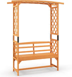 Happygrill Patio Garden Arbor with Bench, Garden Arch Trellis w/Pergola & Side Trellises for Climbing Plants Vines Grapes, 2-Seat Wooden Outdoor Bench, Garden Archway for Wedding Party Backyard