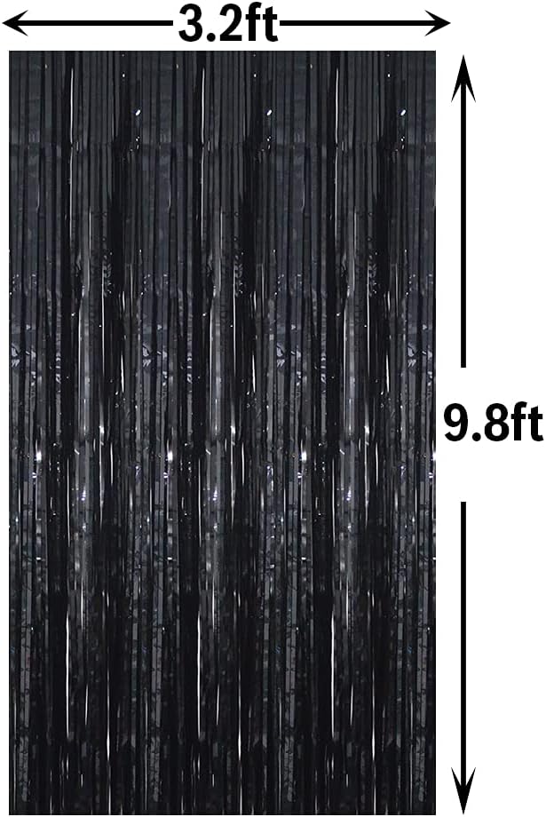 GOER 6.4 ft x 9.8 ft Metallic Tinsel Foil Fringe Curtains,Pack of 2 Party Streamer Backdrop for Birthday,Graduation Decorations and New Year Eve (Black)