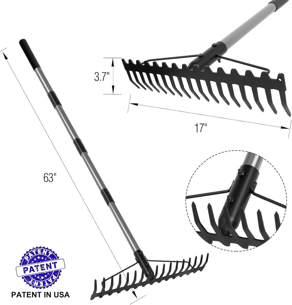 Walensee 5.4FT Bow Rake Heavy Duty Garden Rake with Stainless Steel Handle, 17 Steel Tines Garden Tool for Loosening Soil Gathering Leaf Leveling Lawn Farming Land Management Yarn Thatch Rakes